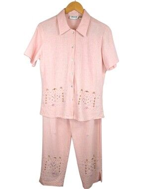 Selene Sport 2 Pc Linen Blend Boho Shirt Cropped Pants Set Sz M Embroidered EUC